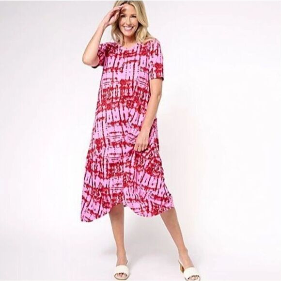 LOGO by Lori Goldstein Womens Pink Red Short Sleeve Tiered Maxi T-Shirt Dress LP - Picture 1 of 8